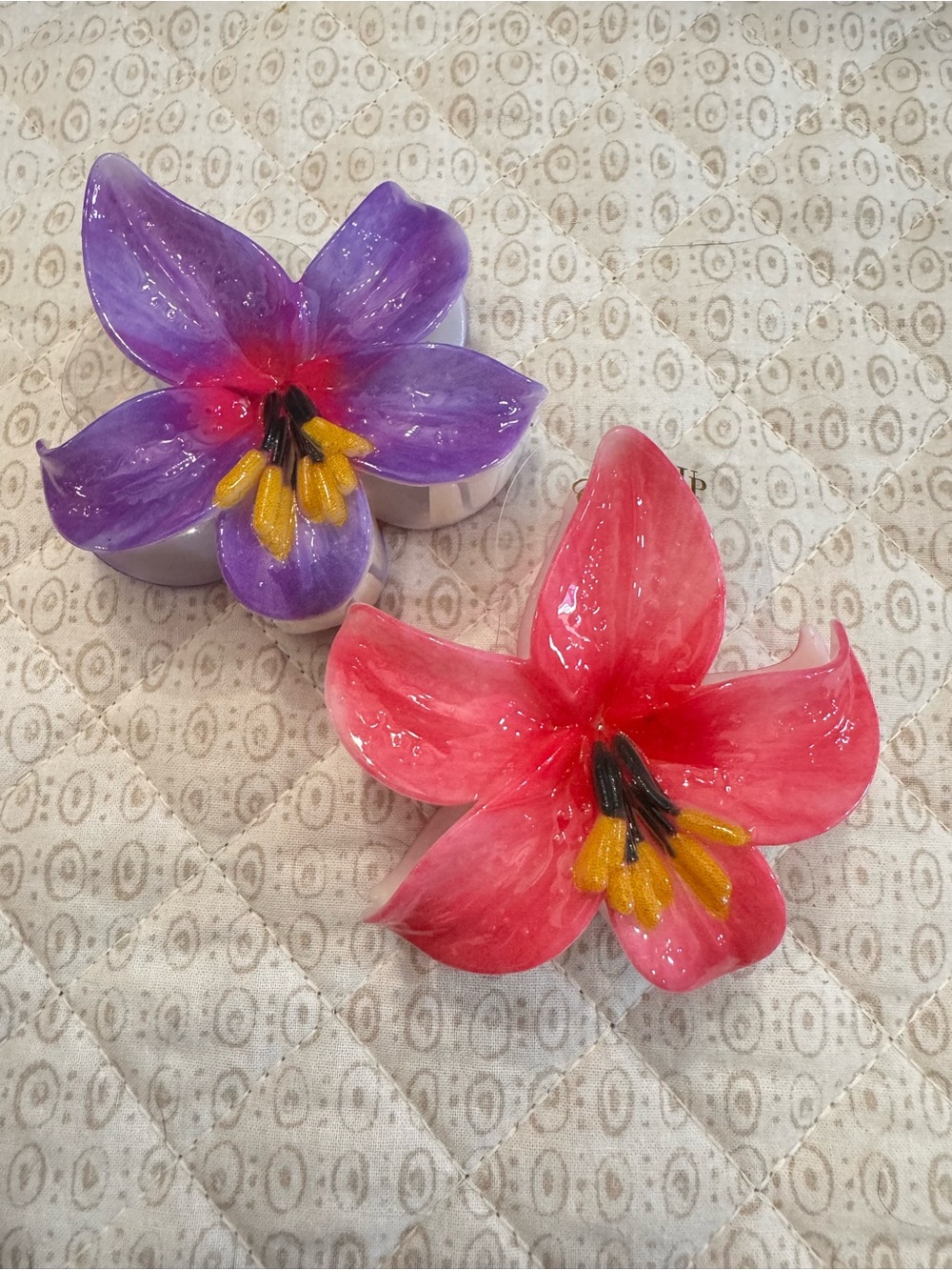 Hawaiian colorful flowers hair pin claw purple and pink set of 2